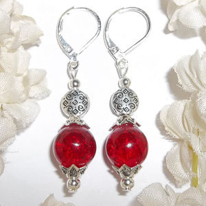 Ruby Red Crackled Glass Earrings Silver NWT 4773